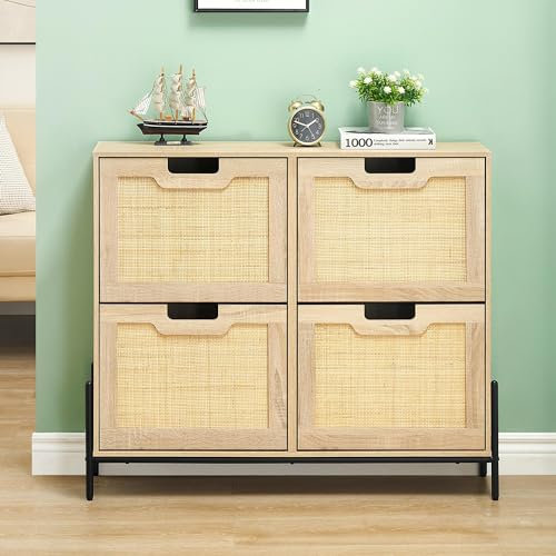 OPULENTHOME Schuhschrank Schmal, Schuhschrank Rattan Schuhkipper mit 4 Klappen, Einstellbar Ablageflächen, Metallfuß, Atmungsaktiv und Geruchsneutral, für Flur Eingang 100 x 24 x 88 cm