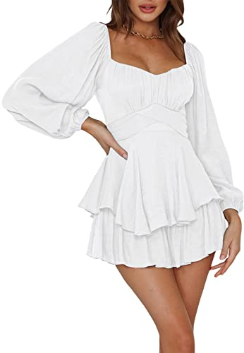 Qianderer Women Boho Romper Dress Off Shoulder Ruffle Dress with Shorts Long Sleeve Flowy Layered Jumpsuit Playsuits