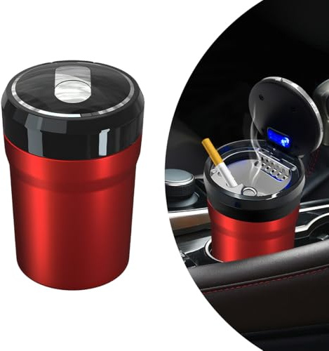 SHMZK Car Ashtray with Lid, Detachable Smokeless Cylinder Cup Holder Ashtray with LED Light, Portable Vehicle Ashtray Smell Proof Trash Can for Car Home Office, Car Accessories (Red, Large)