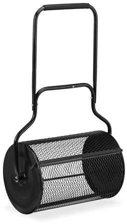 Relaxdays Rullo Spandiconcime Prato, Carrello 75 L per Semina Giardino, HLP: 118x68x40 cm, Spargi Semi e Concime, Nero, Acciaio, Gommapiuma