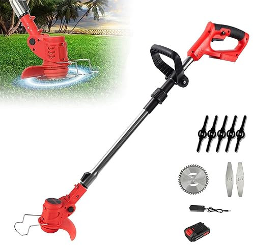 Desbrozadora eléctrica inalámbrica, 21 V desbrozadora con batería con 2 baterías de 6500 mAh y 8 cuchillas, mango ajustable, desbrozadora de césped portátil al aire libre para jardín podado