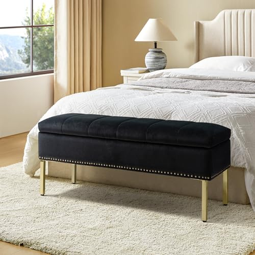 HULALA HOME Moderne Samt Sitzbank mit Stauraum Elegante Truhenbank für Flur Schlafzimmer Wohnzimmer Samtbezug 5-Fach gepolstert Metallbeine, Schwarz