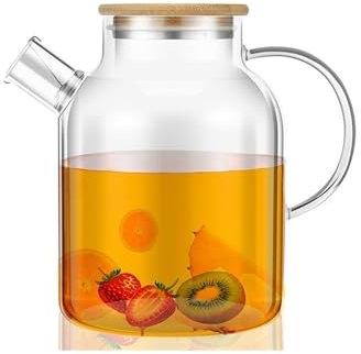 Jarras Agua Jarra de vidrio con tapa de bambú, 1800 ml, resistente al calor, con asa, ideal for bebidas frías y calientes Jarra de Té Helado