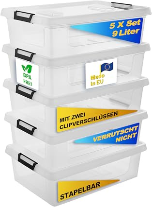 Gardissimo 5 er Set Aufbewahrungsbox mit Deckel Clip 9 Liter, Kunststoff Boxen Stapelboxen Plastik, MADE IN Europe, Clip-Verschluss, BPA-frei transparent/durchsichtig
