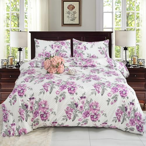 CHARKHAH 4 Piece Reversible Printed Bedding Set Includes 1 Duvet Cover, 1 Deep Fitted Sheet & 2 Pillowcases – Soft Microfibre Easy Care Quilt Cover Set for All Seasons (Delight Lilac, Single)