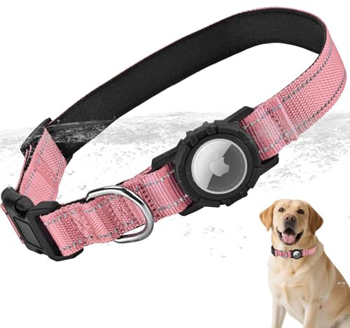 LZXLXS Verstellbares, Wasserdichtes und Reflektierendes Hundehalsband, Kompatibel mit Apple AirTag für Kleine, Mittlere und Große Hunde, Rosa, S | Integriert, reflektierend, verstellbare Passform, strapazierfähiges Nylon, für kleine, mittelgroße und große Hunde