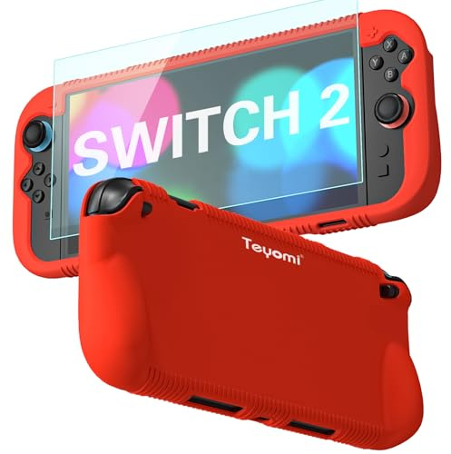 Teyomi Coque de Protection en Silicone Compatible avec Nintendo Switch 2, Housse Antichoc pour Nintendo Switch 2 avec Protecteur d'écran en Verre trempé, Coque Ergonomique pour Switch 2 (Rouge)