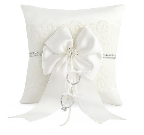 iKeep Wedding Ring Bearer Pillow: 8.2 x 8.2 Inch Ivory Satin Ring Cushion with Lace & Pearl Bow – Ceremony Ring Holder for Flower Boy or Girl