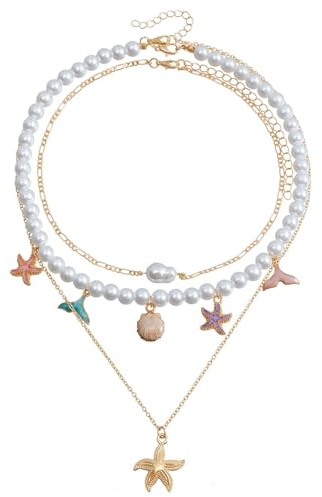 JUKOTA 3pcs muschelkette,muschelkette damen,seestern kette,boho schmuck,Schmuckset für Damen Seestern Anhänger Halskette und Ohrringe Boho Statement r Modeschmuck für Alltag und festliche Anlässe