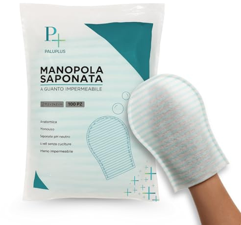 PALUPLUS 100 Manopole Saponate Monouso in TNT, Misura 17,2x24,2 cm, Spugna con sapone a PH neutro profumato, Interno impermeabile, Guanto Presaponato per pulizia e igiene corpo -6266C-0,80