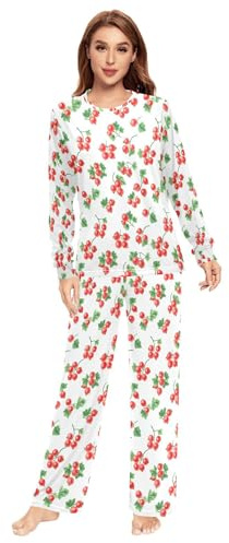 Lindo conjunto de pijama de 2 piezas para mujer, color blanco y grosella roja, conjunto de pijama suave para hombre, Grosella roja Kawaii Blanco Fruta, M