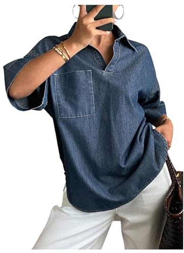 Milumia Women's Short Sleeve Denim Blouse Collar V Neck Oversized Jean Shirt Tops with Pockets Blue Small