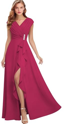 Vestido para madre de la novia, de gasa, plisado, cuello en V, mangas casquillo, largo formal, vestido de noche para invitada de boda, fucsia, 48 Grande