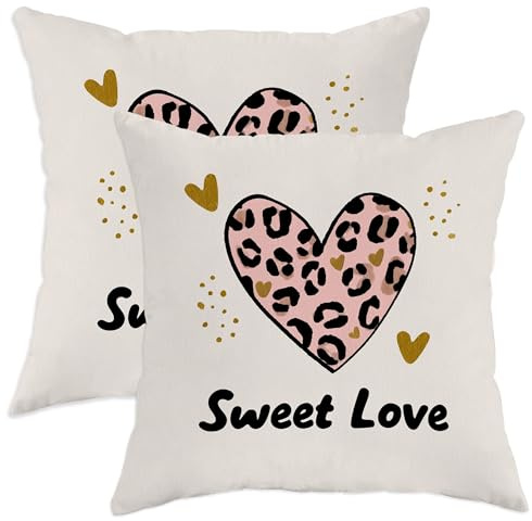 Set di 2 federe per cuscini a forma di cuore, moderne e giocose, con stampa leopardata, cuori dorati, San Valentino, pesca, con cerniera nascosta, per soggiorno, letto, ufficio, divano, sedia