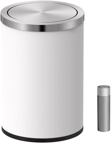 Mbillion Bote de basura pequeño con tapa oscilante de 15 litros, mini cubo de basura con tapa, cubo de basura cilíndrico de acero inoxidable para el hogar y la oficina, baño, dormitorio, para suelo y
