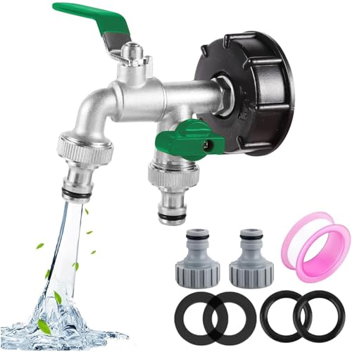 XCDMJ IBC Auslaufhahn,1000l Wassertank Wasserhahn Aus Legierung Kugelhahn Mit Doppel Auslaufhahn1/2+3/4Zoll Anschluss IBC Adapter Für Wassertank Wasserhahn, Regenwassertank IBC Tank Zubehör(Grün)
