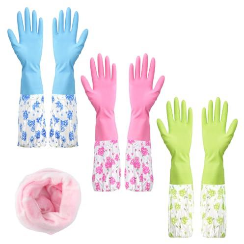 3 Pairs Rubber Latex Washing up Gloves Long Cuff Cleaning Gloves with Lining-46cm, Reusable Kitchen Dishwashing Gloves, Waterproof Household Gloves for Kitchen Laundry Gardening Bathroom-3 Colors