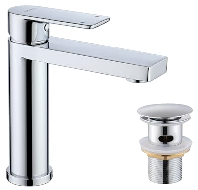 Decaura Robinet salle bain avec bonde de lavabo universelle G11/4, mitigeur lavabo en acier inoxydable avec bec hauteur 130mm l'eau chaud et froide robinet lavabo avec bonde de vidage Chromé