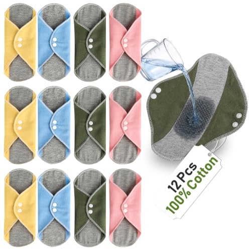 12 Pcs Reusable Sanitary Pads, Pure Cotton, 22 ×18cm, Washable, Snap Design | Period Pads, Soft, Breathable, Highly Absorbent, 4 Colors, for Feminine, for Elderly, for Postpartum Care, for Incontinence