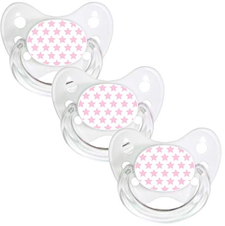 Dentistar® Ortodontisk silikondummy – tandborste för baby – 3 nappar – storlek 1 för nyfödda bebisar – 0-6 månader, tills de första framtänderna – tillverkad i Tyskland – stjärnor rosa vit