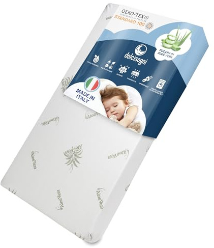 DOLCI SOGNI Materasso Lettino 60x120 cm Spessore 16 cm, OEKO-TEX® e CertiPUR™ Materasso Culla Bambino per Lettino Neonati, Fodera in Aloe Vera Sfoderabile e Lavabile, Materasso Lettino Neonato