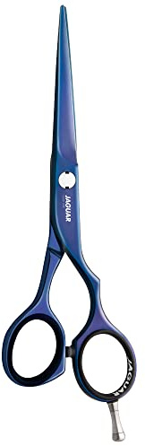 JAGUAR Haarschere DIAMOND E TB 5.5 | Friseurschere im Offset-Design | antiallergene titanblaue Hochglanzbeschichtung | Made in Germany