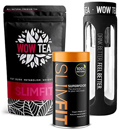 WOW TEA - Premium Kräuterteemischung - Super Slim Me | 1-Monats-Paket - Gewichtsverlust-Kombination | Kräuter-Abnehmpulver + Abnehm-Tee und Schwarzteeflasche | 300 gr, Made in EU