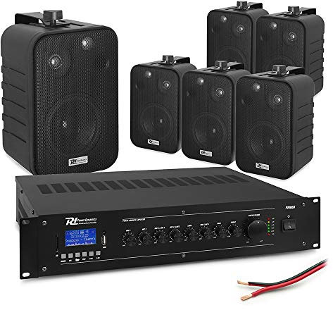 6x 4 Wall Mount Speaker PA System with Bluetooth Mixer Amplifier - 100V Background Audio Kit for Cafe, Restaurant, Bar & Shop - Compact Black Speaker Set