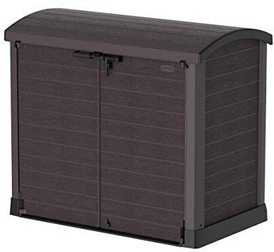 Duramax Cedargrain StoreAway 1200L Abri de jardin en plastique / couvercle arc, Abri pour poubelles, Cache poubelles, Coffre de poubelle, Idéal pour les 2x 240L poubelles, 145x85x125 cm, Marron