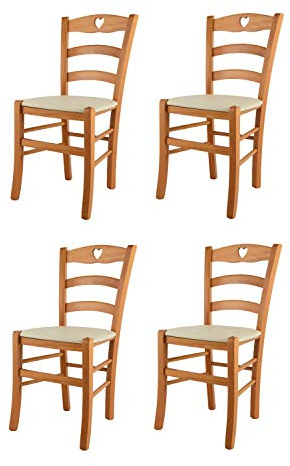 Tommychairs - 4er Set Stühle CUORE für Küche und Esszimmer, Robuste Struktur aus lackiertem Buchenholz im Farbton Honig und gepolsterte Sitzfläche mit Kunstleder in der Farbe Elfenbein bezogen