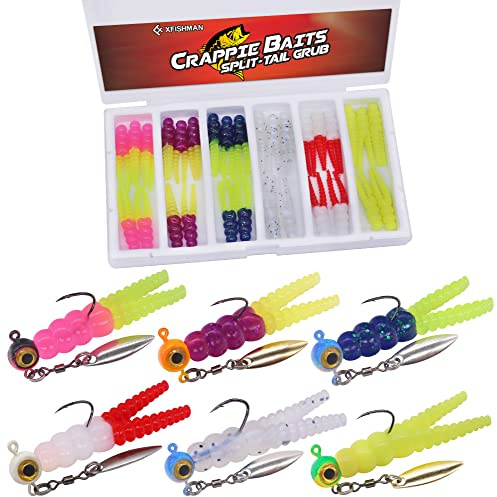 Crappie Jigs and Lures Kit -135 & 40 Piece Set with Plastics, Jig Heads, Split-Tail Grub Baits - Perfect for Crappie Fishing, Panfish Lures