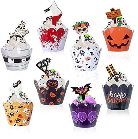 GoldRock 48-teiliges Halloween Kuchendeko Set - 24 Cupcake & 24 Muffin Deko, Fledermaus Grabsteinmesser, Kürbis Kuchen Dessert Deko, Partyzubehör