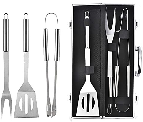 Premium 3-teiliges BBQ-Grill-Kochutensilien-Werkzeug-Set mit leichtem Edelstahl-Grillwerkzeug mit kostenlosem tragbarem Koffer – perfektes BBQ-Werkzeug-Set für Picknicks und Outdoo