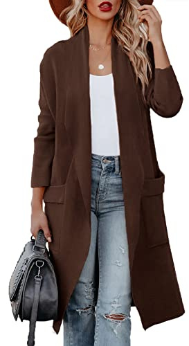 Maavoki Cardigan da Donna, a Maniche Lunghe, Aperto sul Davanti con Tasca, Casual, Lungo, Tinta Unita, Marrone, M