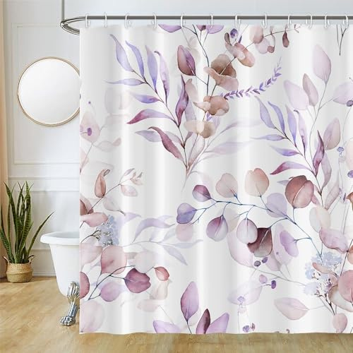 Uiiooazy Duschvorhang 180x180cm Anti Schimmel Eukalyptus Violett Blätter | Duschvorhang Rosa Lavendel Blumen Wasserdicht Waschbar Stoff Polyester Bad Vorhang mit 12 Haken für Badezimmer Badewanne