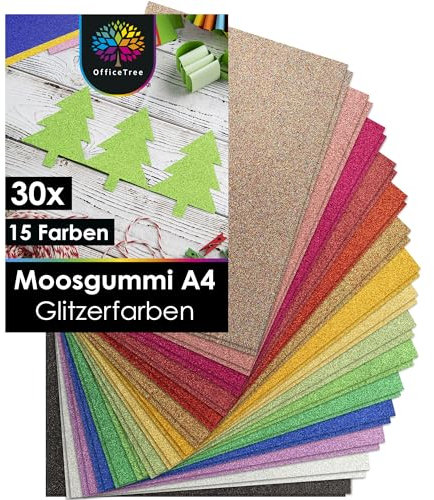 OfficeTree 27x Bögen Glitzer Moosgummi 2mm - Moosgummi Glitzer Platten A4 - Schaumgummi Basteln - Schaumstoff zum Basteln - Glitzermoosgummi A4 für DIY Bastelarbeiten