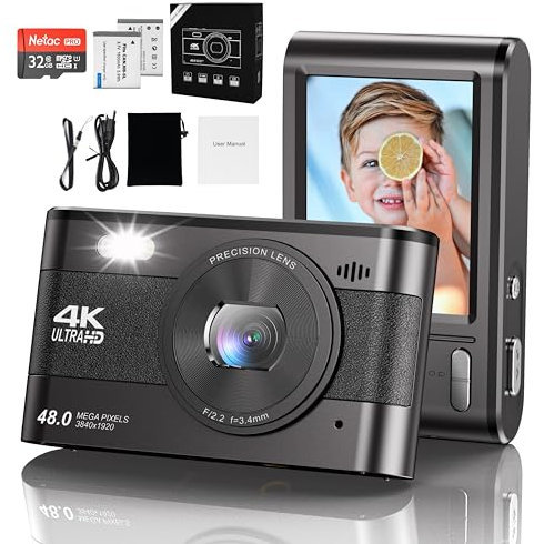 Appareil photo numérique compact 4K HD 1080P 48MP Zoom 18X petite caméra LCD 32 Go carte SD batterie gratuite enfants adolescents personnes âgées (noir)