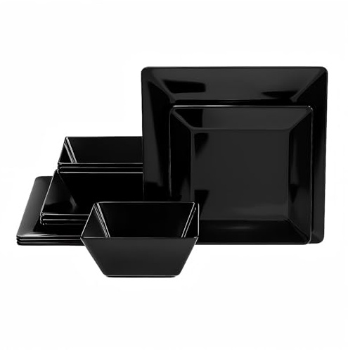 TP 12-Piece Melamine Dinnerware Sets, Plates and Bowls Dishes Set for 4, Break-Resistant & Non-Microwavable, Lightweight Square Dinner Plates, Black