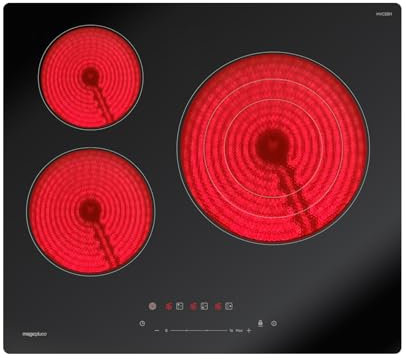 magicplux Placa Vitrocerámica 3 Fuegos, 59cm Vitrocerámica Doble Zona, 16 Niveles de Potencia, Controles Táctiles, Temporizador, Apta para todo tipo de Sartenes, 6600W