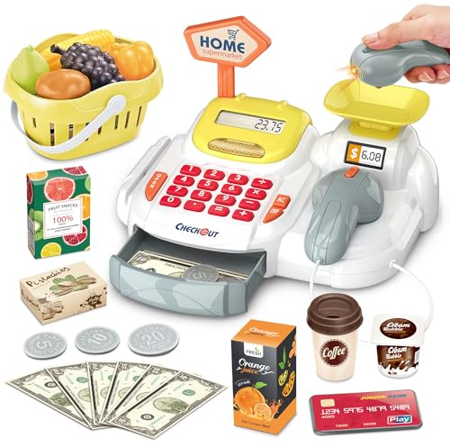 Cash Register 36PCS Supermarket Shop Toys with Electronic Sounds,Working Scanner,Calculator,Credit Card Reader,Play Food and Money Preschool Learning for Girl Boys Kids (Yellow)