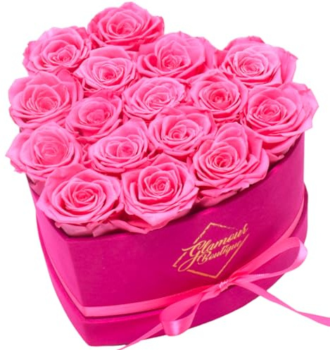GLAMOUR BOUTIQUE 16 Flower Forever Heart Shape Box, Eternal Preserved Roses Gift for Her, Lasting Flowers, Romantic Floral Keepsake for Birthday Anniversary Valentine’s Day Velvet Pink (Color-Treated)