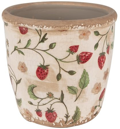 Clayre & Eef Blumentopf Ø 14x13 cm Beige Rot Keramik Erdbeeren Innenblumentopf