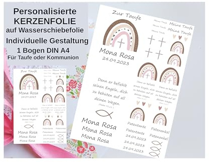 Personalisierte Kerzensticker TAUFE, KOMMUNION, KONFIRMATION, HOCHZEIT - Regenbogen auf Transferfolie, Kerzen-Tatoofolie, Kerzenfolie, Wasserschiebefolie für Taufkerzen und Kommunionkerzen