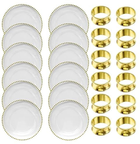 Trimming Shop 13 Inch Round Clear Glass Charger Plates with Gold Beads & Hammered Design Napkin Rings Pack of 12 Perfect for Wedding, Dinner Party & Table Décor.