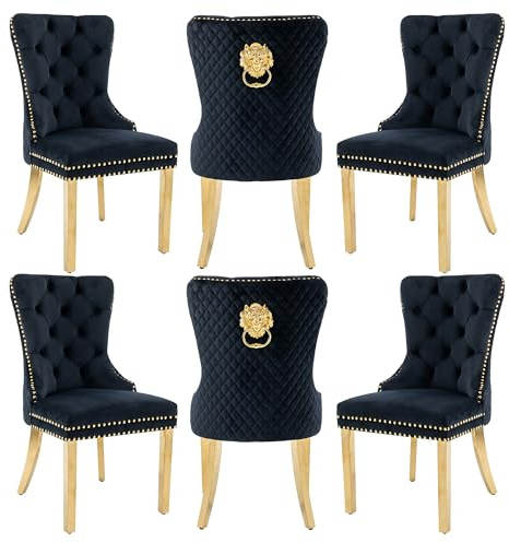 Homedraft Velvet Dining Chairs Set of 6, Nikki Collection Dining Room Chairs with Gold Stainless Steel Legs and Lion Head Pull Ring, Luxury Side Chair with Nailhead Trim and Button Tufted Back, Black