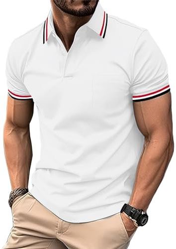 zitysport Polos Homme Manches Courtes Sport Tennis Shirt Respirant Fonctionnel avec Poche Chemises Eté Golf Extérieur Slim Fit Polo Hommes Golf Poche Poitrine Regular Fit Tshirt(Blanc-L)