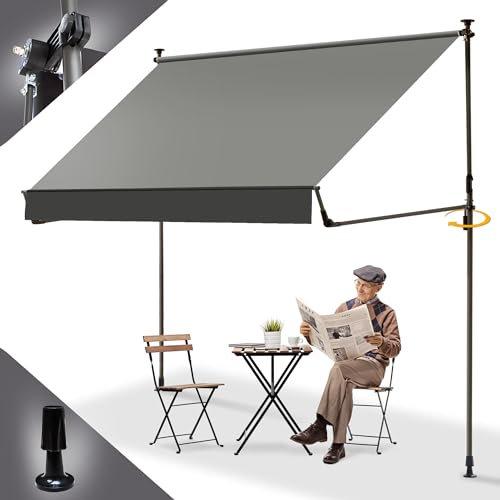 BelleMax Klemmmarkise Markise Balkon ohne Bohren, 200 cm x (125 + 25 cm) Grau, Balkonmarkise mit Handkurbel, Faltbarem Seitenarm, UV-Schutz, Wasserdicht und Höhenverstellbar