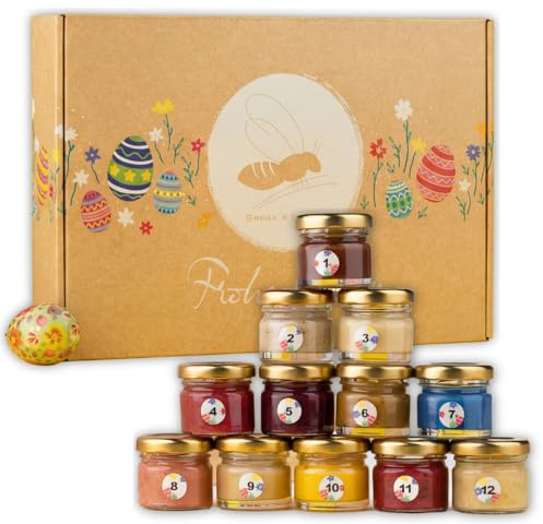 Gregas Honig Probierbox 12 kleine 30 g Gläser Oster - Geschenkbox | Süßes Feinkost-Präsent (12x30g). Ideales Mitbringsel für das Osternest & edle Aufstrich-Vielfalt zum Frühlings-Brunch.