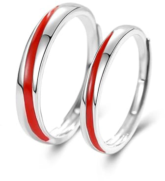 Anello Filo Rosso, Coppia di Anelli in Argento Sterling 925 con Linea Rossa Anello di Fidanzamento Incisione Anello Argento Matrimonio Lui e Lei Regolabile
