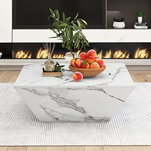 Merax Couchtisch Niedriger, Moderner Kaffeetisch Trapezförmiger mit Schubladen, Wohnzimmertisch mit Stauraum, Multifunktionaler Beistelltisch, Sofatisch, Salontisch, weißer Marmorfurnier, 70x70x37cm